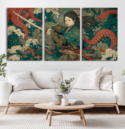 Tsukioka Yoshitoshi Samurai Wall Art Print, Japanese Katana Warrior Canvas Wall Art, Octopus Sea Monster Canvas Print,