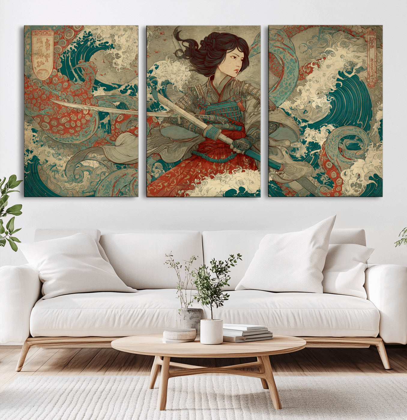 Tsukioka Yoshitoshi Samurai Wall Art Print, Japanese Katana Warrior Canvas Wall Art, Octopus Sea Monster Canvas Print,