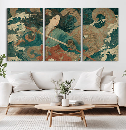 Tsukioka Yoshitoshi Samurai Wall Art Print, Japanese Katana Warrior Canvas Wall Art, Octopus Sea Monster Canvas Print,