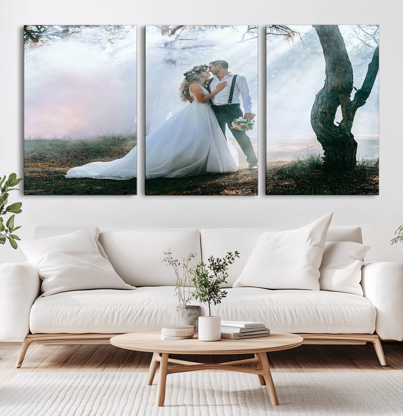 MGV-CV-60X30-3P - Forest Wedding Wall Art – Romantic Bride and Groom Canvas Print, Enchanted Woodland Photography Decor for Bedroom, Living Room, or Wedding Gift
