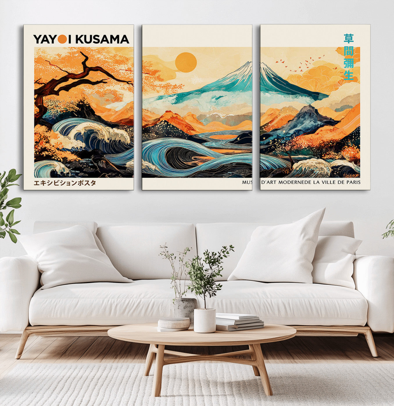 Modern Japanese-style art print featuring a stylized Mount Fuji, flowing waves, and vibrant landscapes in bold colors, inspired by traditional and contemporary aesthetics.