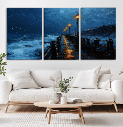 "Impressionistic painting of a rainy pier at night with glowing street lamps reflecting on the wet surface, ocean waves crashing under a dark blue sky."