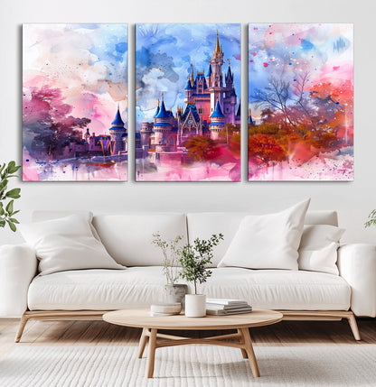 Watercolor canvas of a dreamy Disney-style castle in pastel pink and blue tones, perfect for fairytale or whimsical home decor.