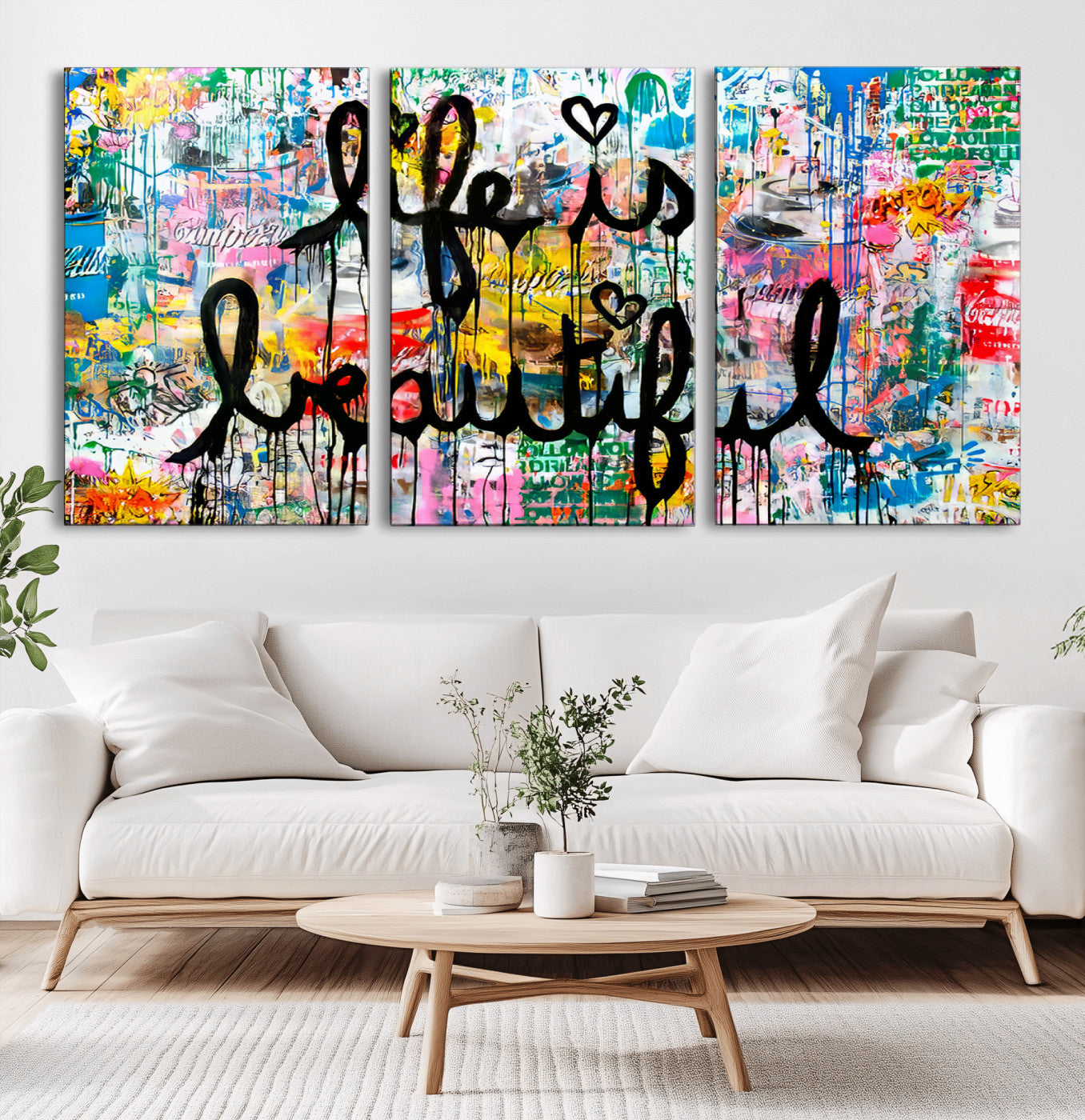 Colorful urban-style canvas with graffiti text “Life is Beautiful” in black paint, ideal for bold or street-themed home decor.
