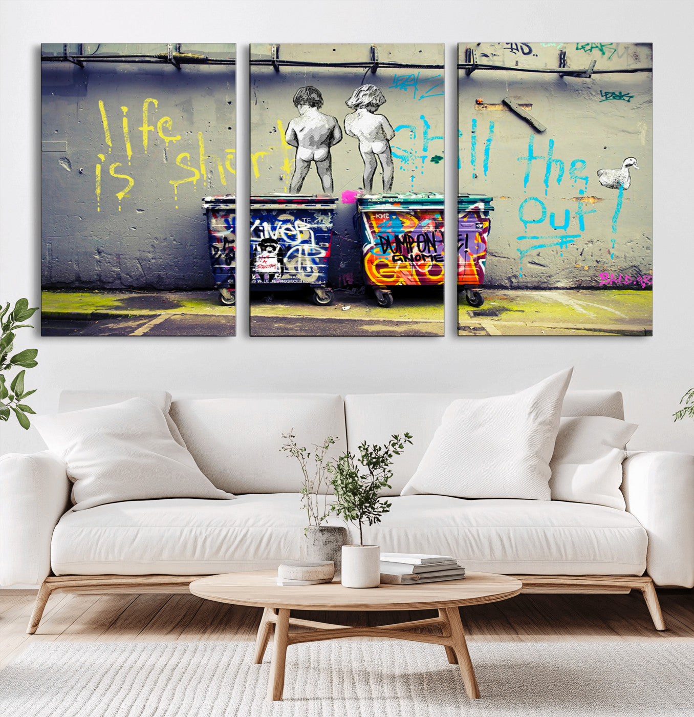 Graffiti-style canvas art with bold text and two naked figures over urban dumpsters, ideal for edgy or street-style decor.