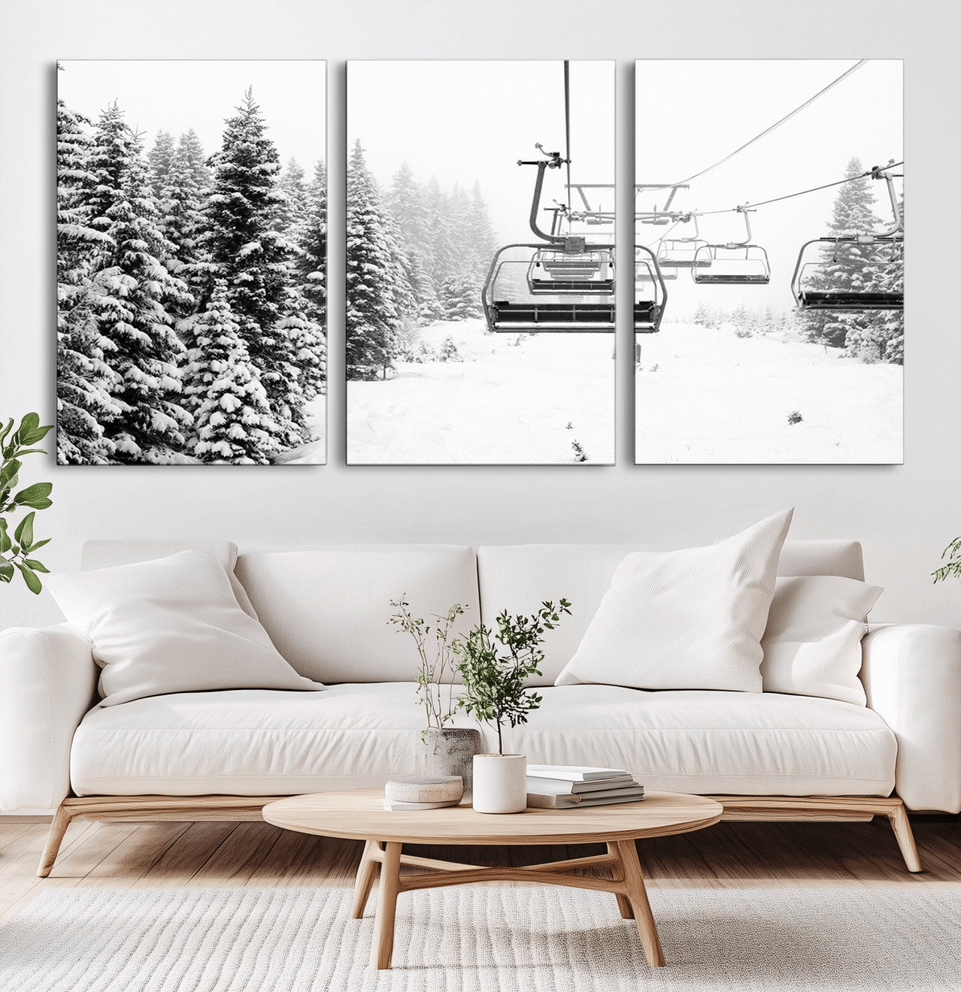 Black and white canvas of empty ski lifts over a snowy pine forest, perfect for minimal winter or ski lodge-inspired decor.