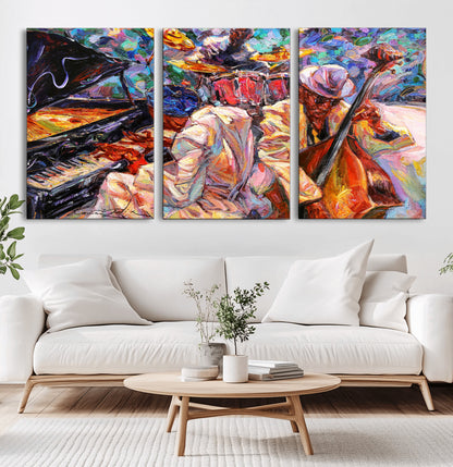 Vibrant oil painting of a jazz band with piano, saxophone, and bass, ideal for colorful and expressive music-themed home decor.