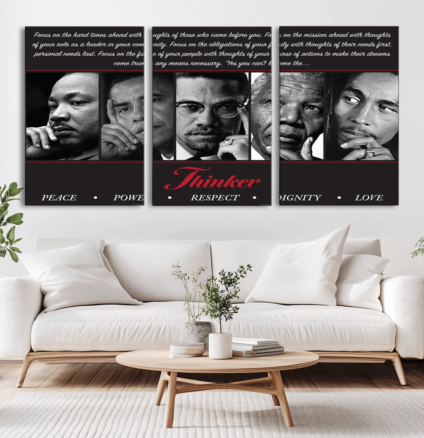 Monochrome canvas of iconic Black leaders with a powerful quote, perfect for modern spaces with a cultural or motivational theme.