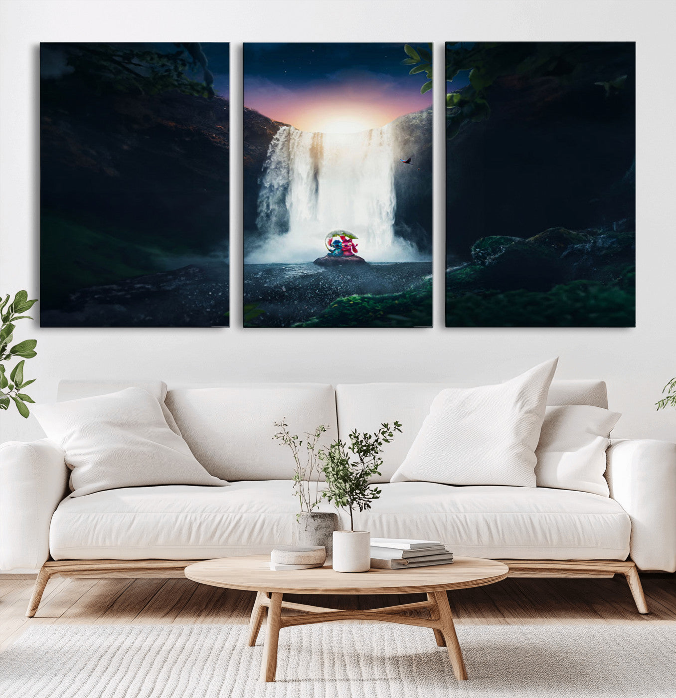 Romantic scene of Stitch and Angel sitting under a leaf in front of a glowing waterfall, ideal for tropical or fantasy-themed decor.
