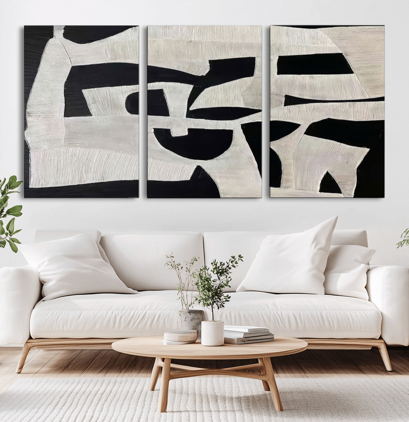 Minimalist black and white canvas featuring bold abstract textures and geometric shapes, ideal for modern neutral decor.