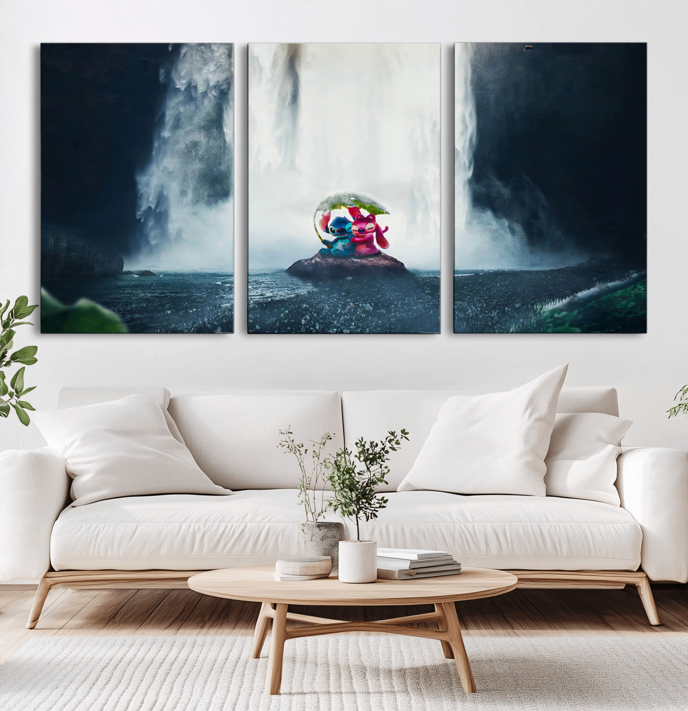 Fantasy canvas of Stitch and Angel under a leaf umbrella in front of a dramatic waterfall, perfect for moody jungle-themed or animated decor.