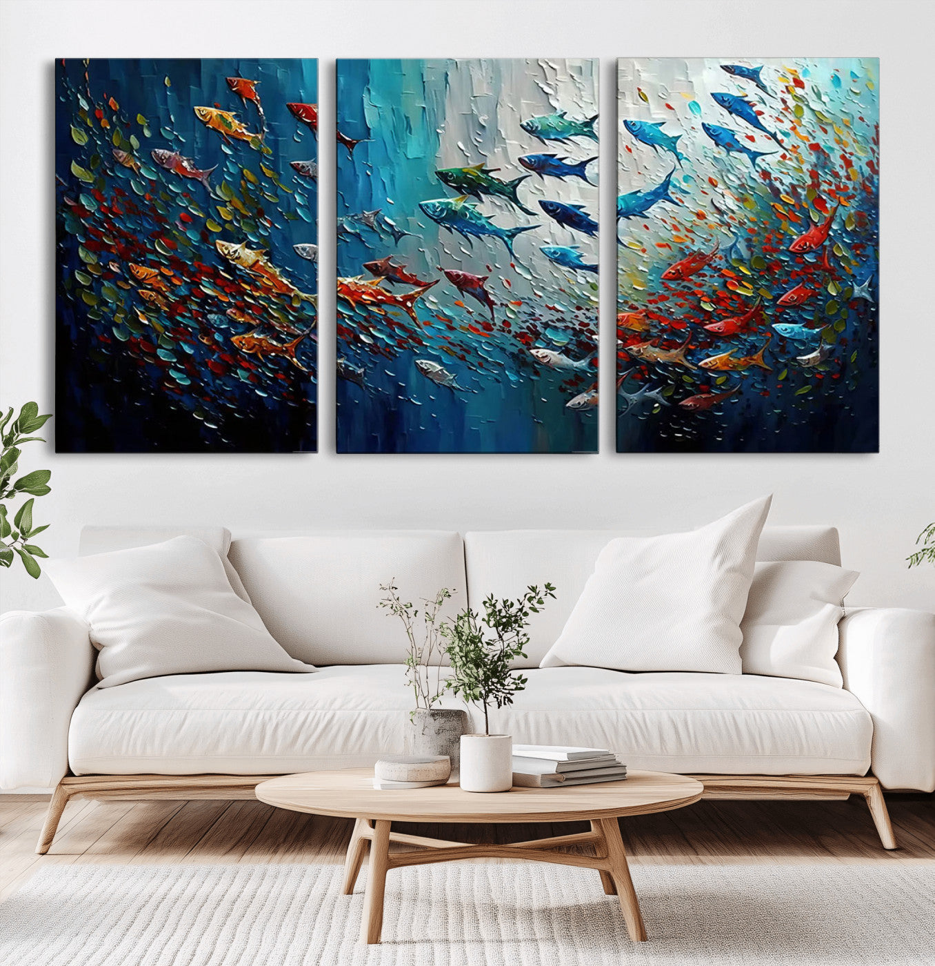 Colorful painting of fish swimming in abstract ocean swirls, perfect for vibrant marine-themed or expressive coastal home decor.