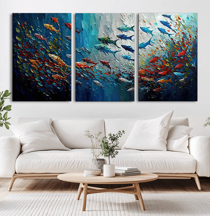 Colorful painting of fish swimming in abstract ocean swirls, perfect for vibrant marine-themed or expressive coastal home decor.