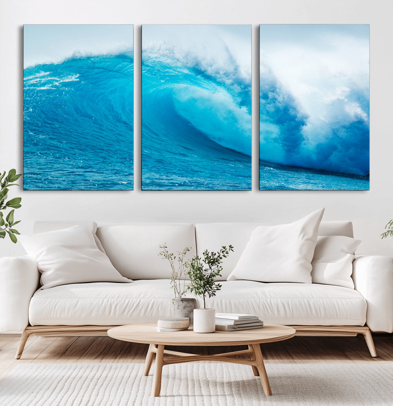 Vibrant canvas of a powerful curling ocean wave in tropical blue tones, perfect for coastal or surf-inspired decor settings.