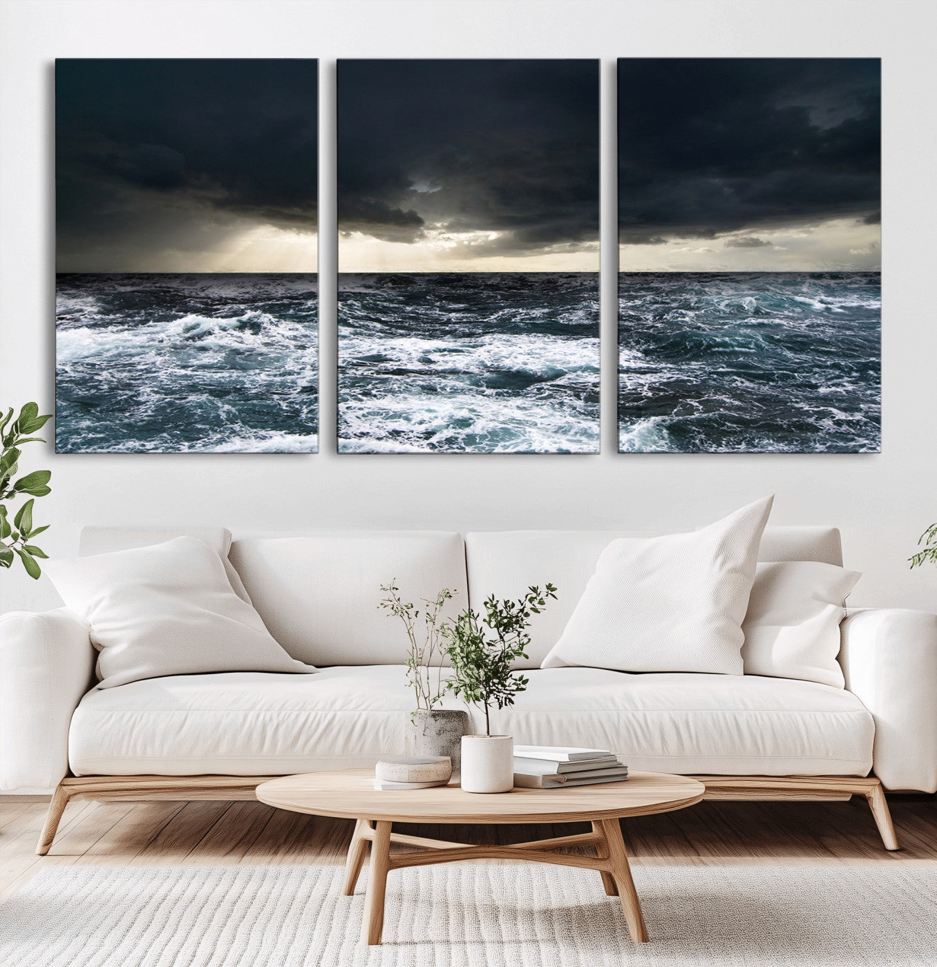 Moody ocean scene with stormy skies and crashing waves, perfect for dramatic or coastal-style home wall decor.