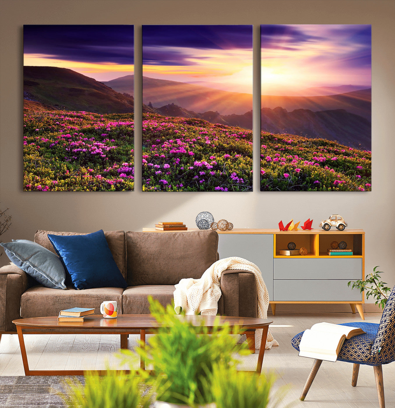 -Mountain Sunrise Wall Art – Vibrant Floral Landscape Canvas Print, Nature Home Decor for Living Room, Bedroom Office or Cabin