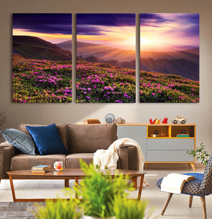 -Mountain Sunrise Wall Art – Vibrant Floral Landscape Canvas Print, Nature Home Decor for Living Room, Bedroom Office or Cabin