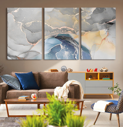 63211-MGV-CV-60X30-3P-Abstract Fluid Art Wall Decor – Blue, Gray & Gold Canvas Print, Modern Home and Office Wall Art Decor for Living Room, Bedroom or Workspace