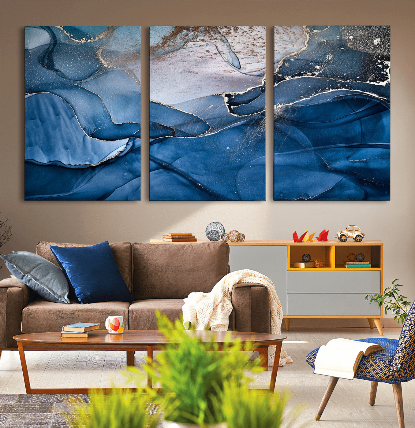 -Abstract Blue Gold Fluid Art Wall Decor – Modern Canvas Print, Elegant Home & Office Wall Art, Stylish Living Room or Bedroom Decoration