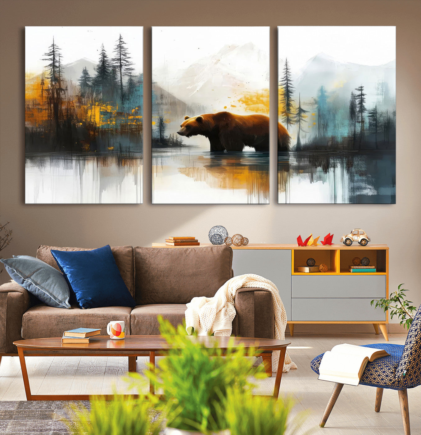 A majestic bear stands by the serene waters of a misty forest, surrounded by towering trees and distant mountains, evoking the raw beauty and wild spirit of nature.