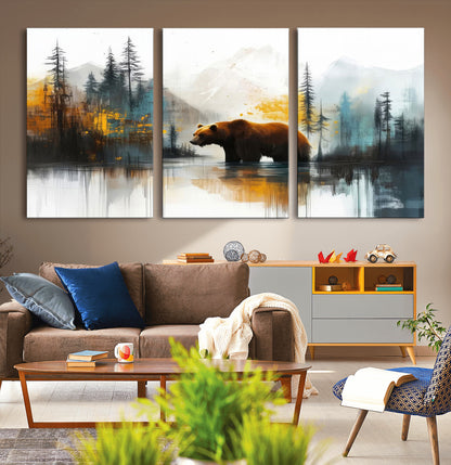 A majestic bear stands by the serene waters of a misty forest, surrounded by towering trees and distant mountains, evoking the raw beauty and wild spirit of nature.