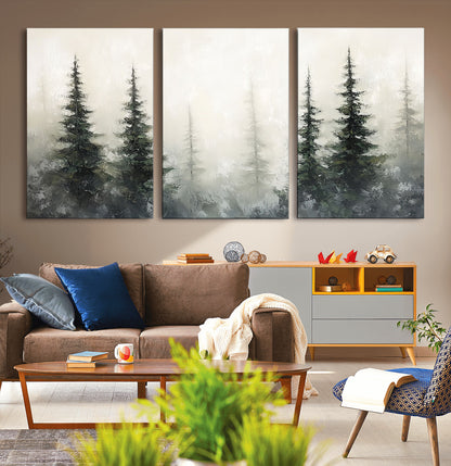 Soft and misty pine forest painting in neutral earthy tones, ideal for calm woodland or minimalist rustic home decor.