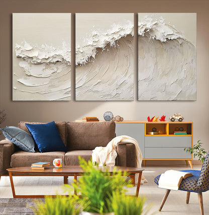 Textured canvas of an abstract white ocean wave in neutral tones, ideal for modern coastal or minimalist home decor.