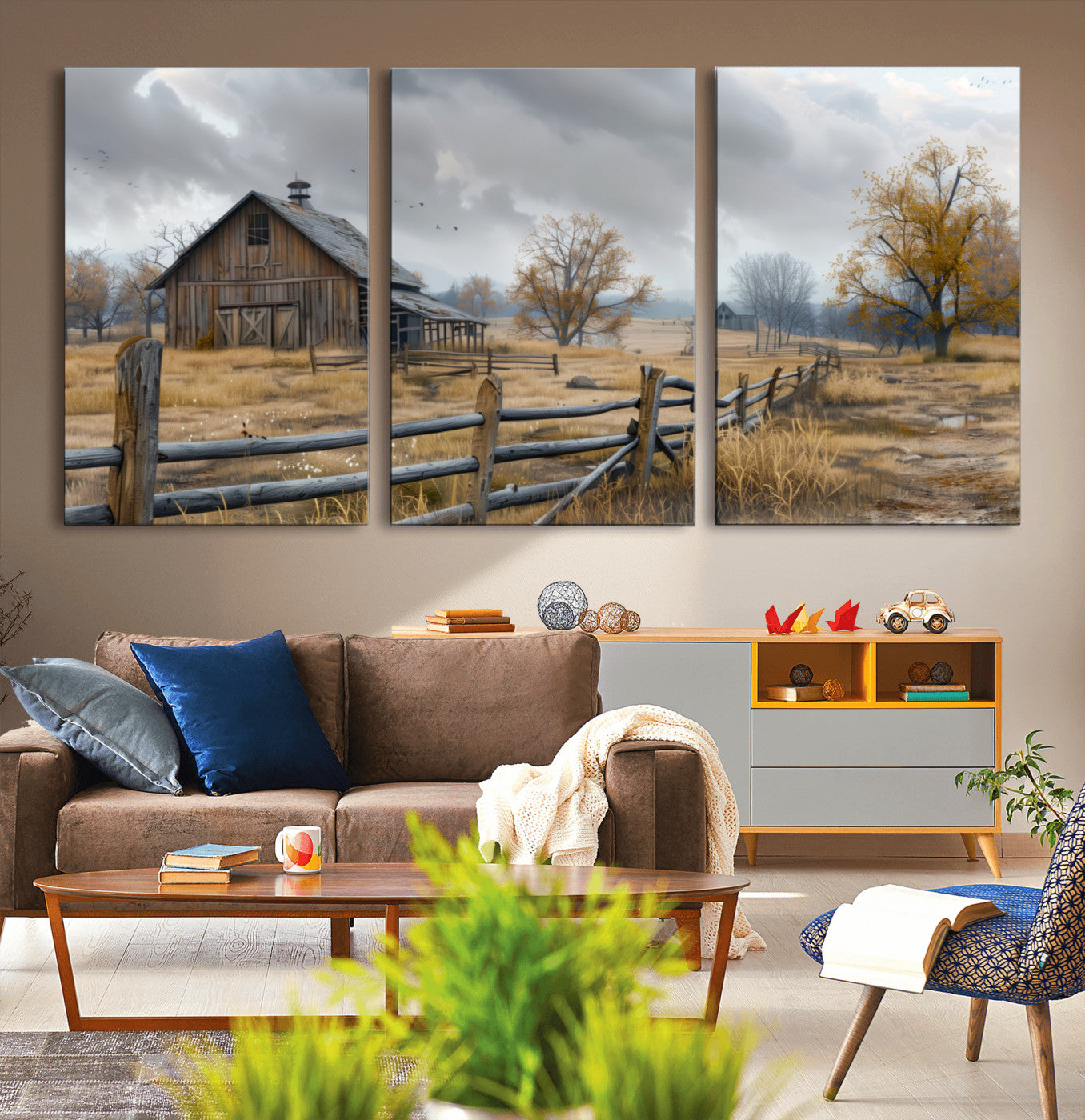 A tranquil rural scene featuring a rustic barn, overcast skies, and golden fields with scattered trees, evoking a sense of peaceful solitude in nature.