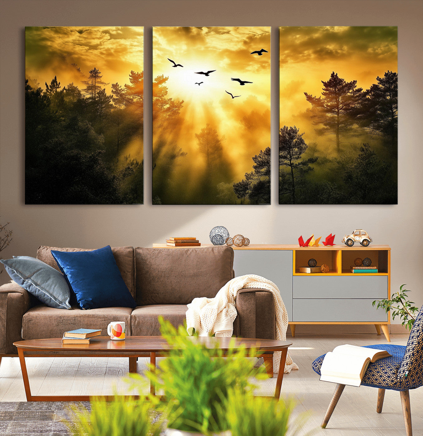 Canvas of a golden forest at sunset with birds flying through glowing sunbeams and silhouetted pine trees, ideal for warm-toned rustic decor.