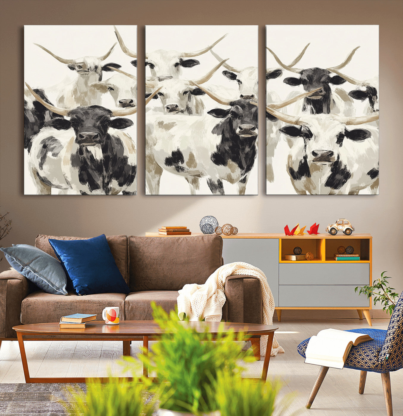 Canvas of a Texas Longhorn cattle herd in neutral black and white tones, ideal for rustic farmhouse or western-themed decor.