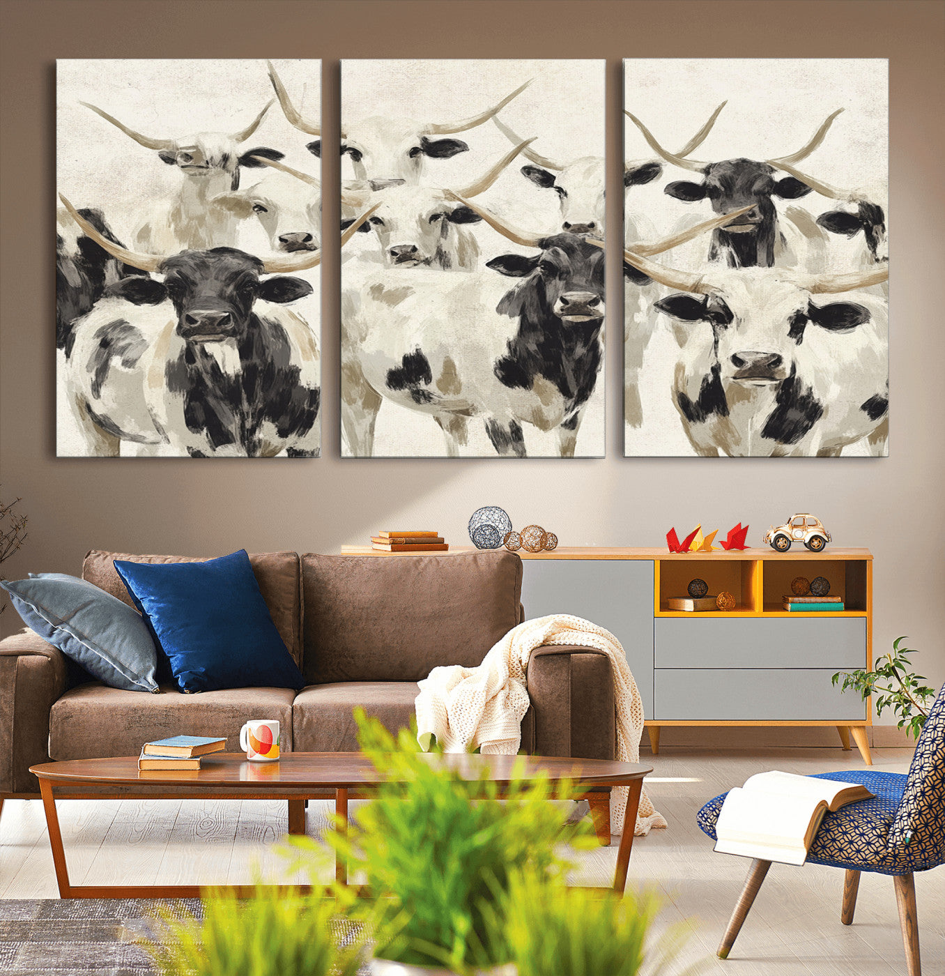 Canvas of a Texas Longhorn cattle herd in neutral black and white tones, ideal for rustic farmhouse or western-themed decor.