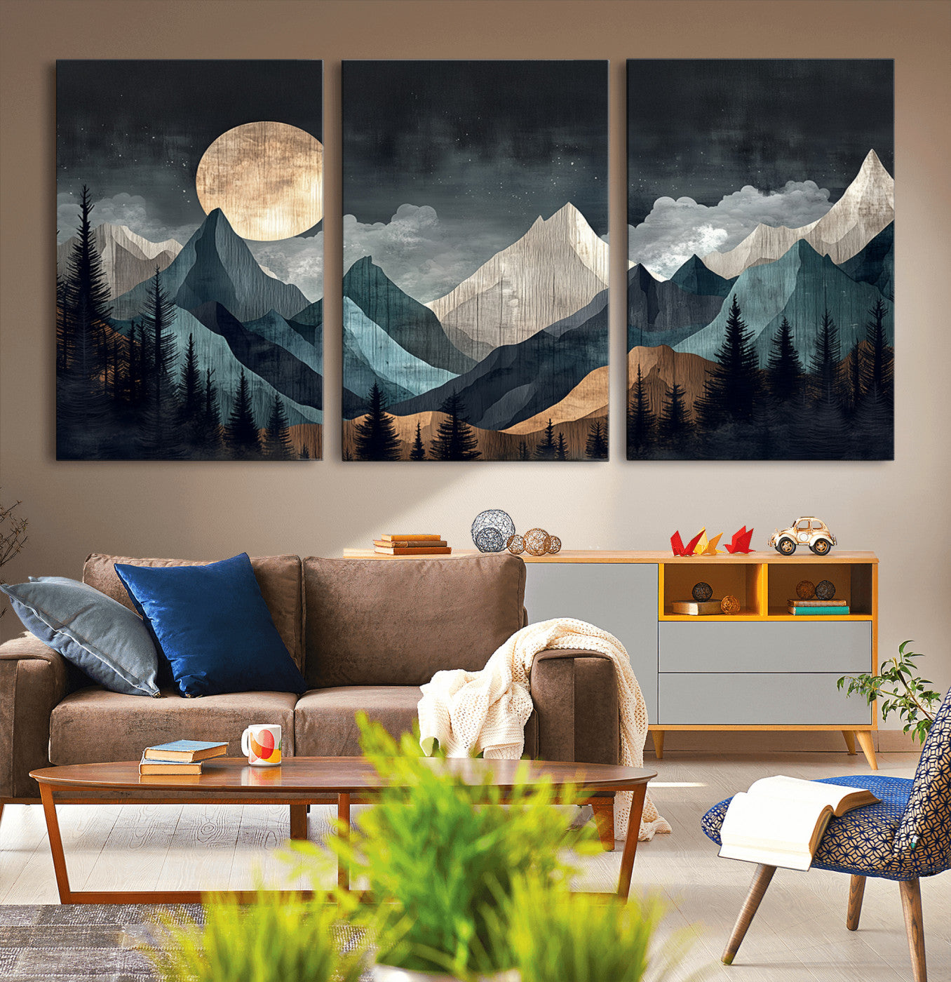 Stylized canvas of layered mountains under a full moon in neutral moody tones, ideal for nature-inspired or modern rustic interiors.