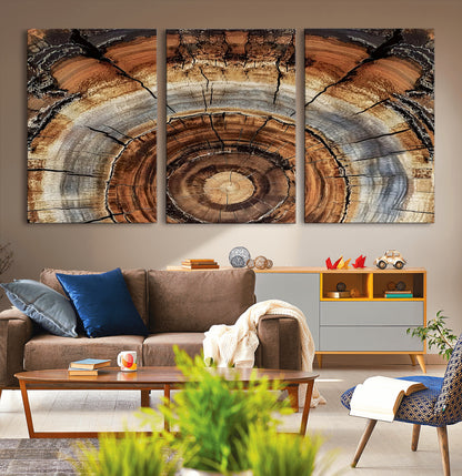 Canvas of tree rings and natural wood grain in earthy tones, ideal for rustic or vintage-inspired home decor with organic textures.