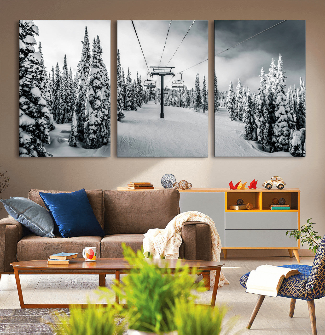 Canvas of a snowy ski lift scene through a forest of tall pine trees, ideal for moody winter or alpine-themed home decor.