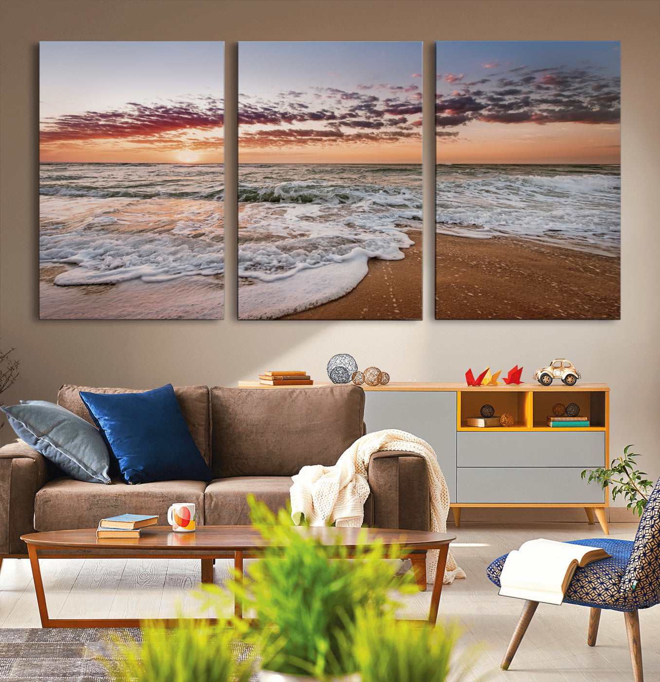 Canvas of a sunset over a foamy ocean shore with warm light and gentle waves, ideal for coastal or beach-themed home decor.
