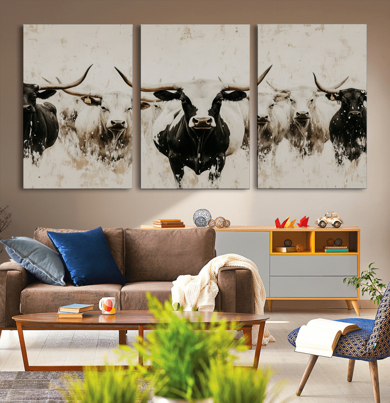 Illustrated herd of longhorn cattle in black and white tones with a neutral textured background, perfect for rustic or farmhouse-style decor.