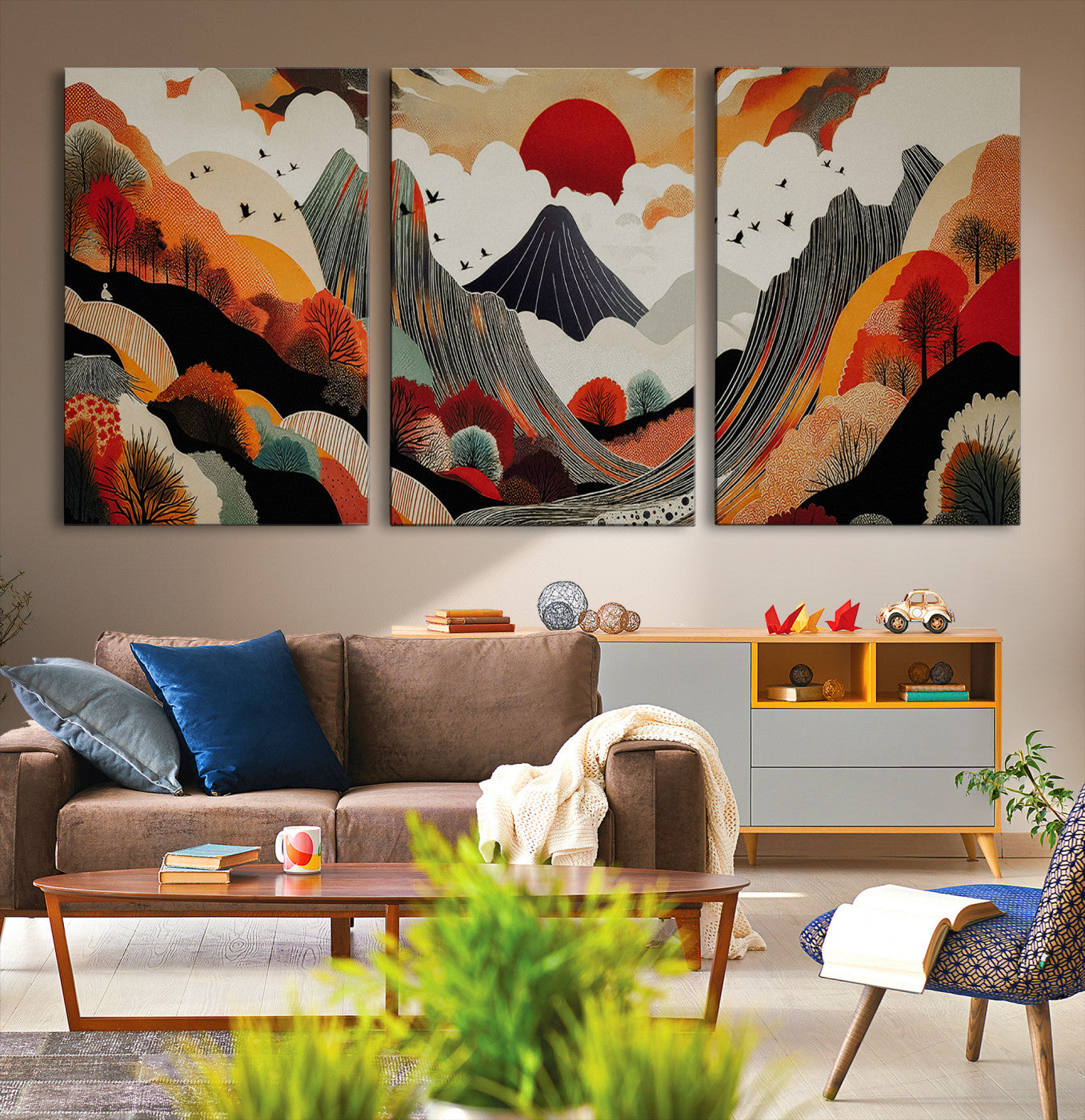 Abstract Mountain Wall Art Canvas Print, Vibrant Landscape Print, Framed Stylized Nature Drawing Art Print, Large Sunset Mountains Printing Perfect for Contemporary Minimalist Decor