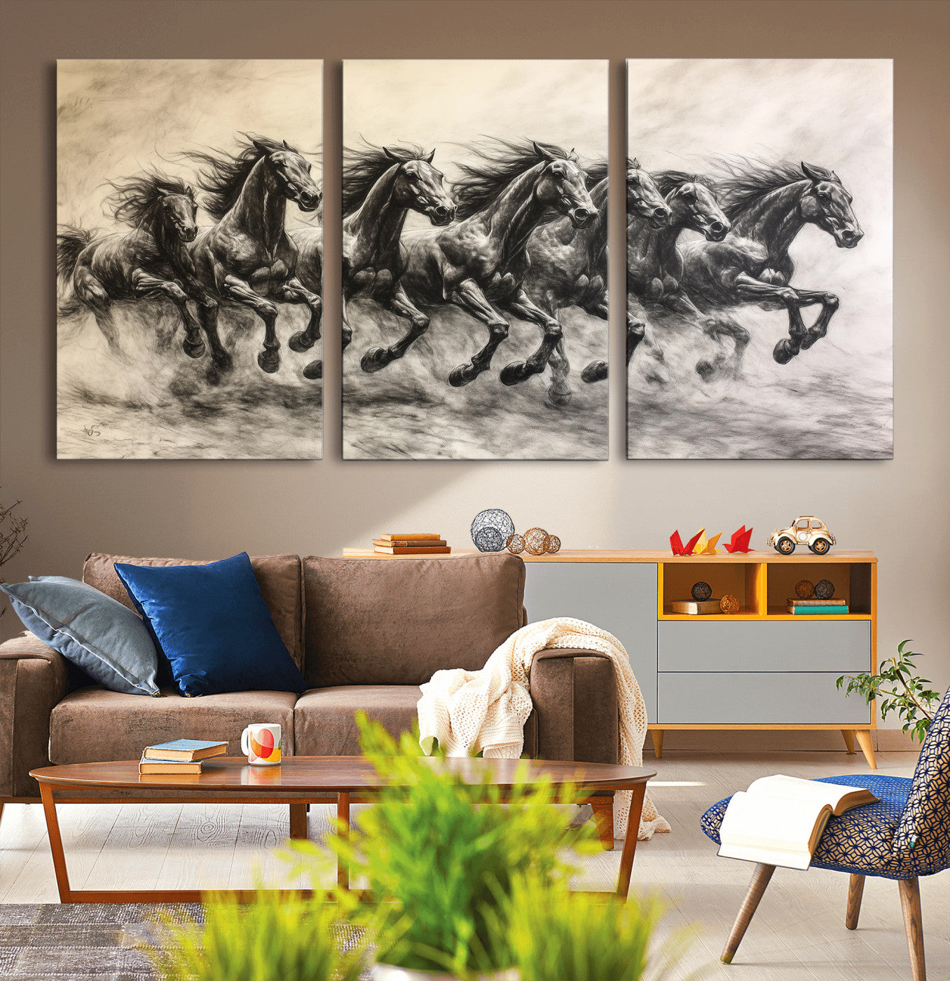 Monochrome drawing of a herd of galloping horses, perfect for dynamic and wild-themed decor in any equestrian or nature-inspired room.