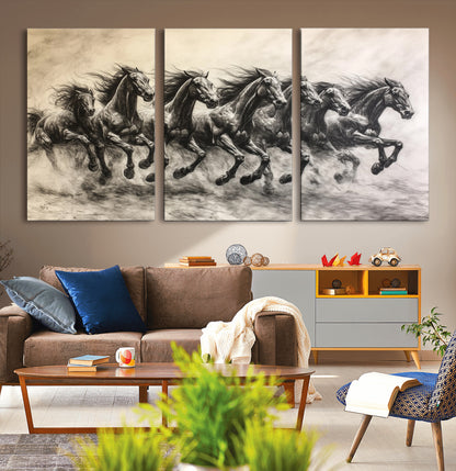 Monochrome drawing of a herd of galloping horses, perfect for dynamic and wild-themed decor in any equestrian or nature-inspired room.
