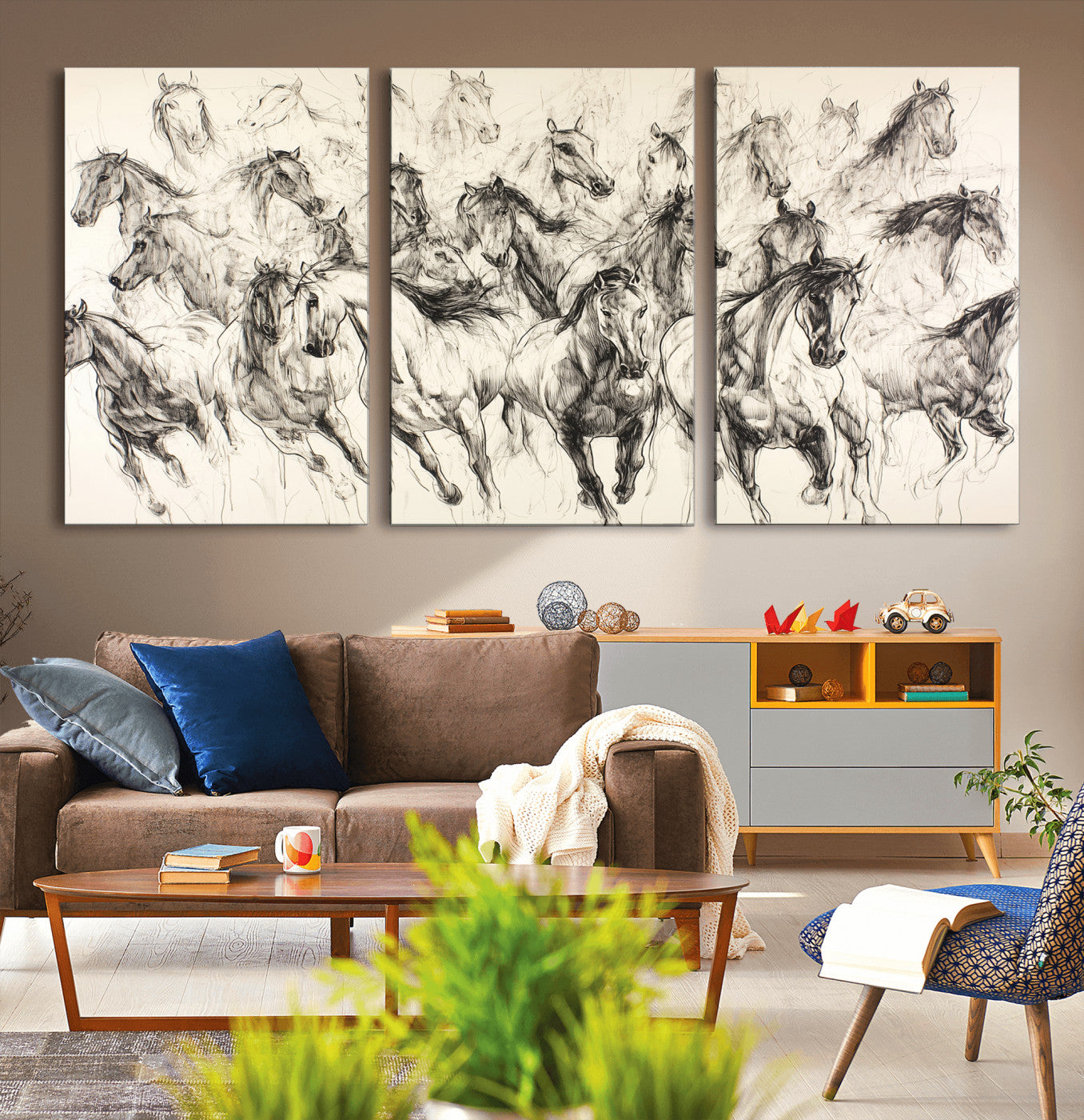 Monochrome ink sketch of galloping horses in dynamic motion, perfect for western or equine-themed wall decor with bold artistic energy.