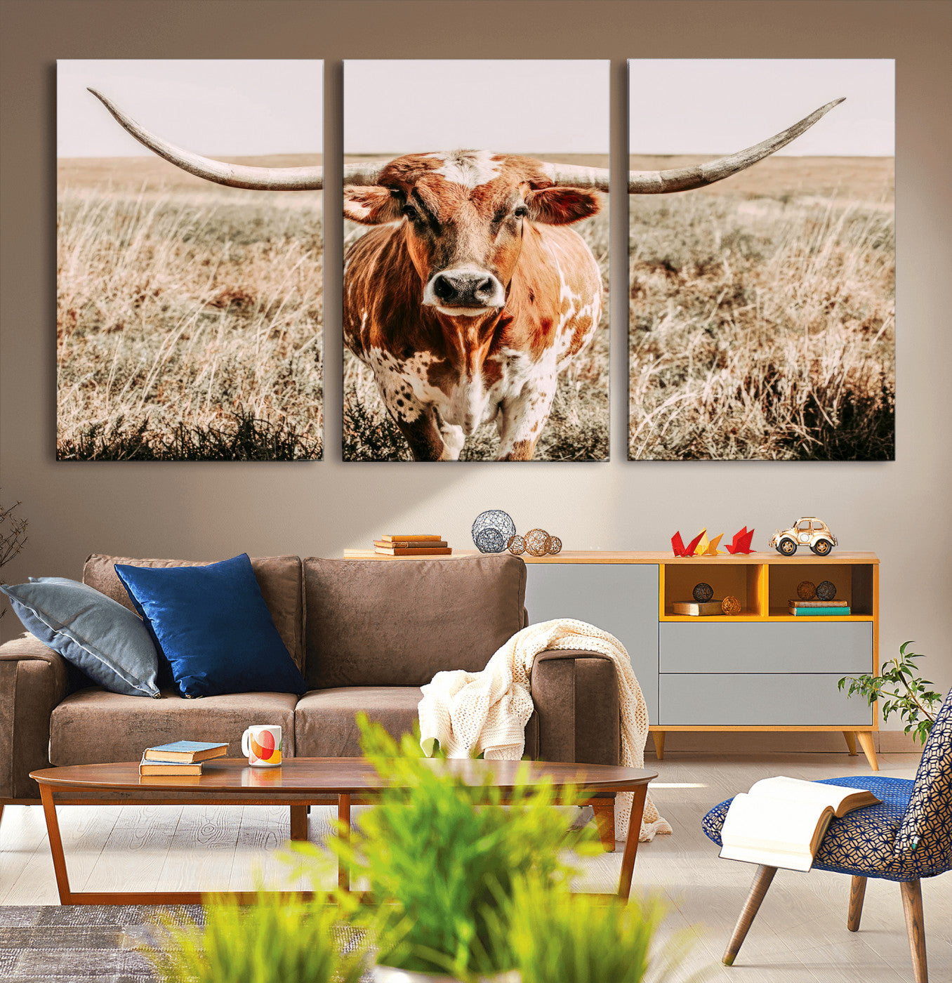 Framed longhorn cow canvas wall art with rustic prairie background, western animal print perfect for farmhouse or ranch style decor