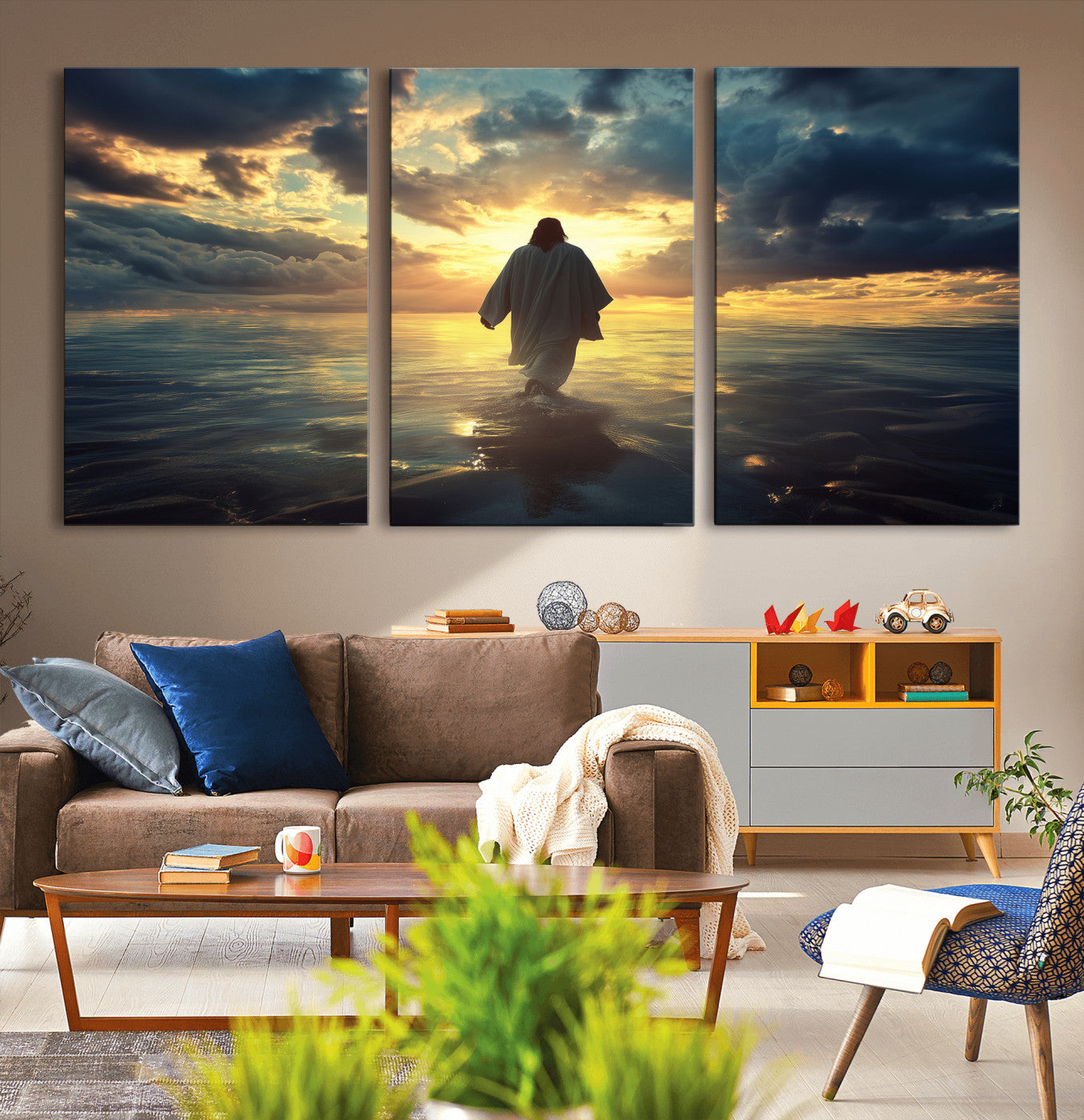 Spiritual artwork of Jesus walking on water at golden hour with divine light, ideal for Christian home decor or prayer room.