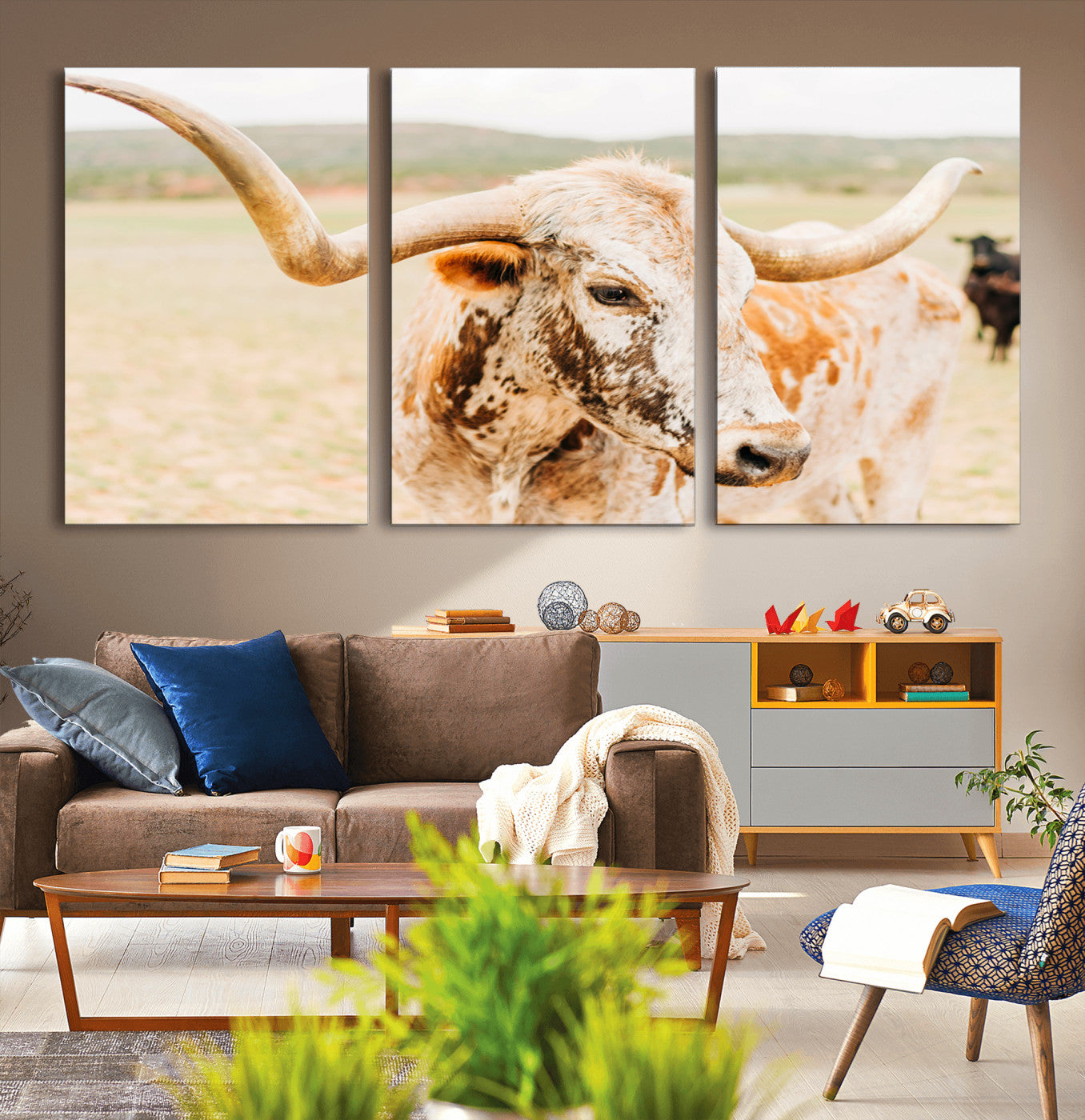 Close-up of a speckled Texas Longhorn in warm prairie tones, perfect for rustic western or countryside-themed room decor.