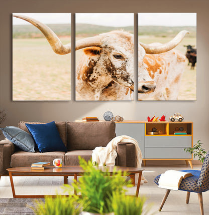 Close-up of a speckled Texas Longhorn in warm prairie tones, perfect for rustic western or countryside-themed room decor.