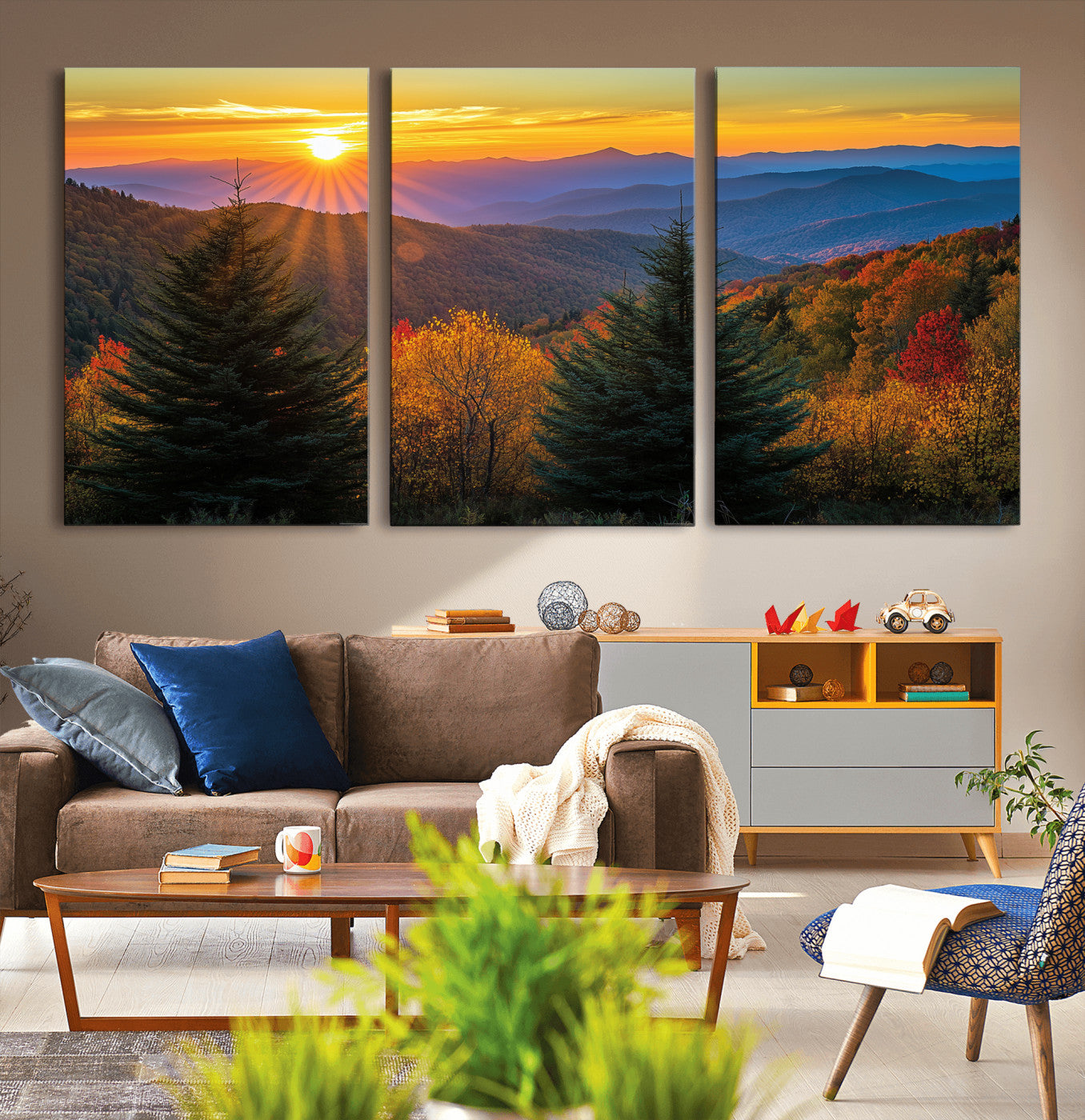 Vibrant sunset over autumn mountains with colorful trees and warm light, ideal for nature lovers or cabin-style wall decor.