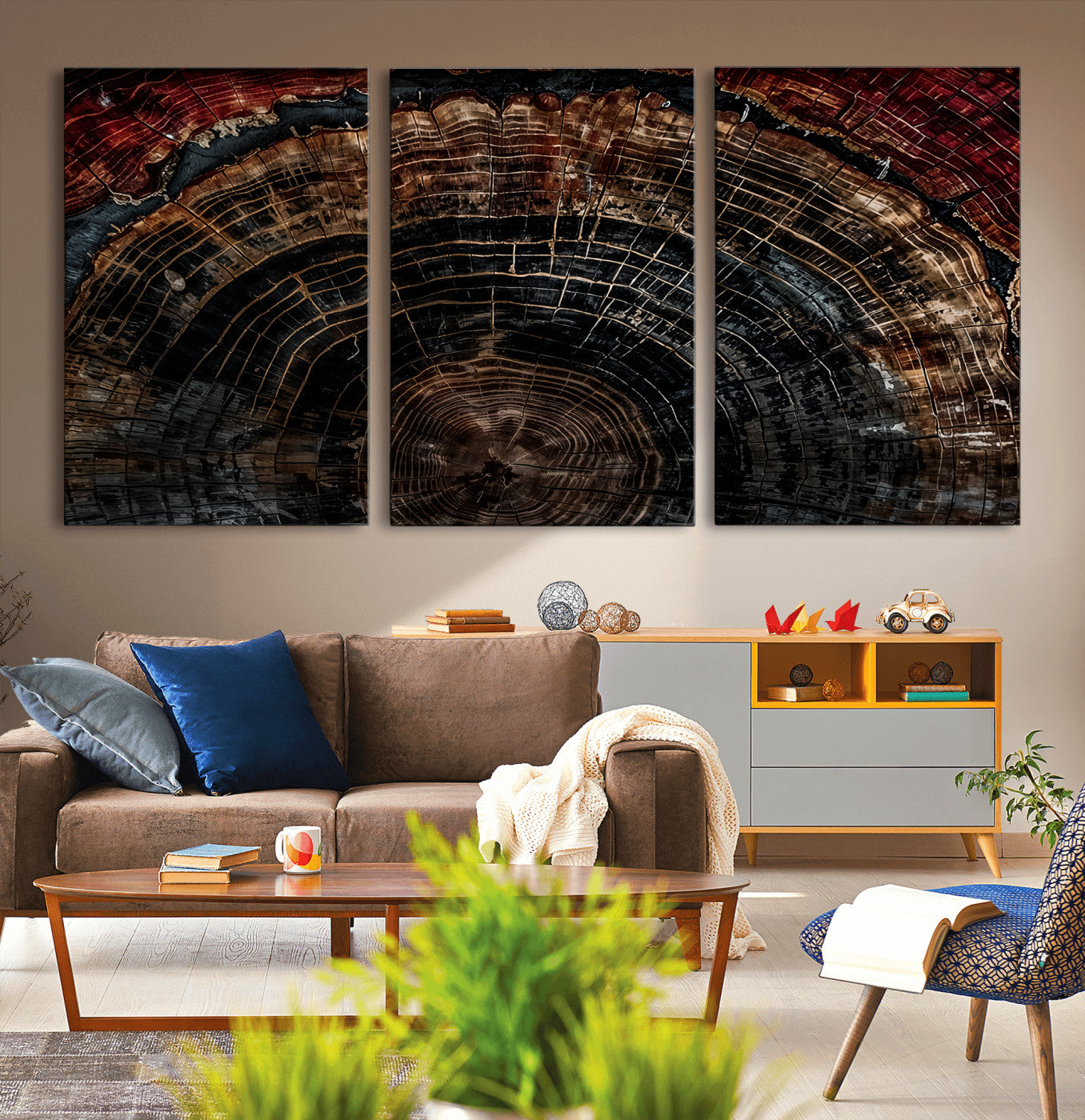 Dark Wood Wall Art Print - Petrified Tree Canvas Print, featuring an intricate tree ring pattern with deep earthy tones and organic textures, perfect for rustic and nature-inspired decor.
