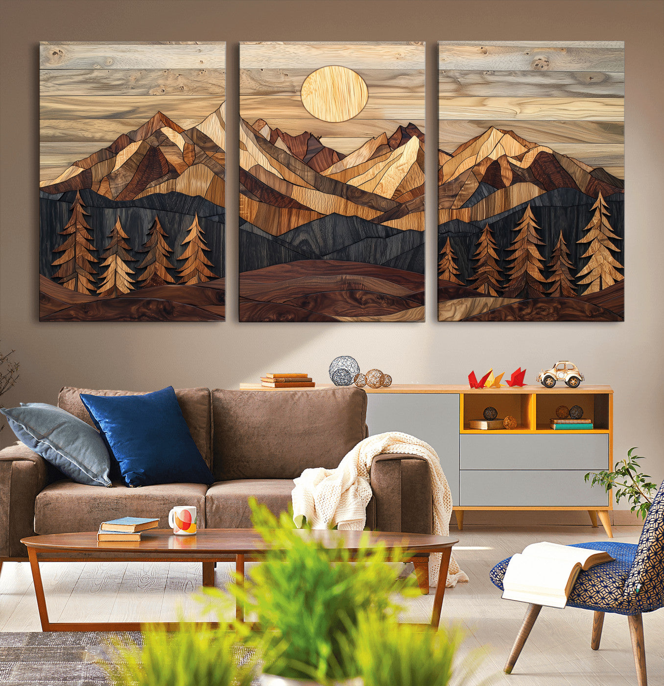Mountain Landscape Wall Art Print - Sunset Hills Canvas Print, featuring an abstract nature scene with earthy tones and misty peaks, perfect for boho and modern decor.