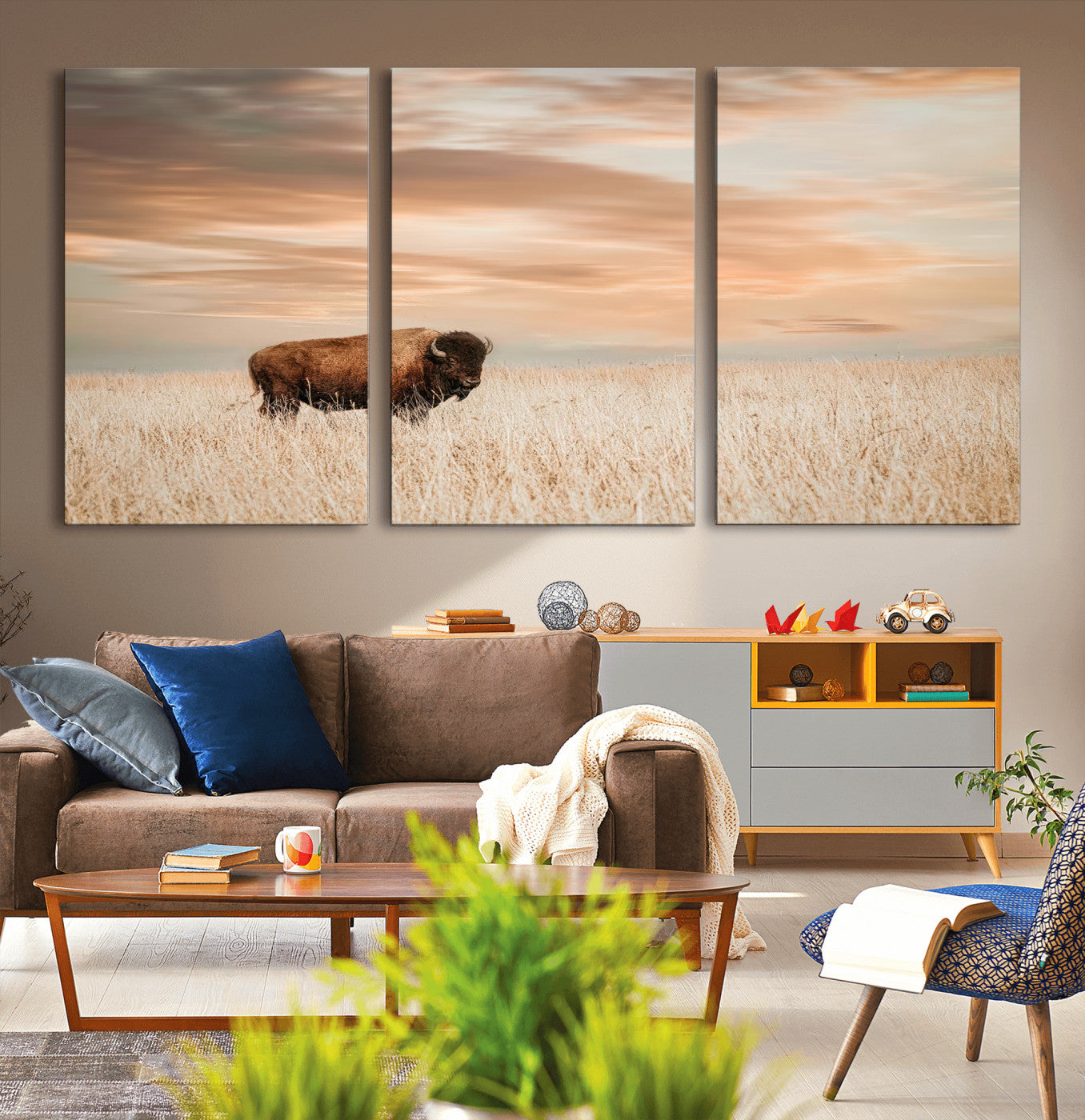 Bison Wall Art Print - Buffalo Canvas Print, featuring a lone bison in a golden prairie under a warm sunset sky, perfect for rustic and farmhouse decor.