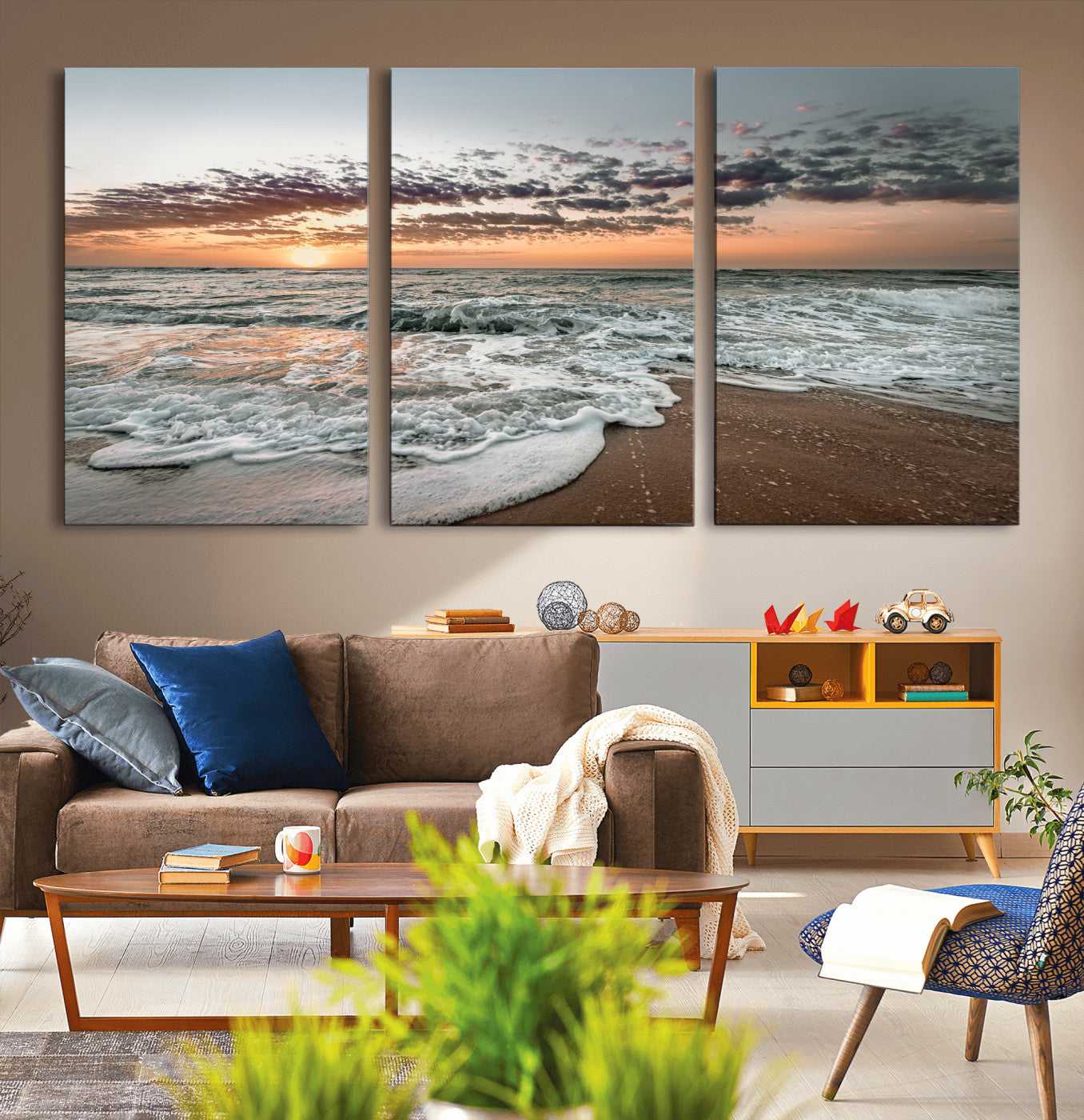 Ocean Sunset Wall Art Print - Beach Waves Canvas Print, featuring a serene seascape with golden sunlight reflecting on gentle waves, perfect for coastal and minimalist decor.