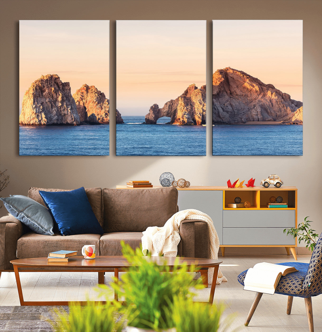 Framed canvas of El Arco rock formation in Cabo San Lucas at golden hour, ideal for coastal landmark or ocean-inspired decor.